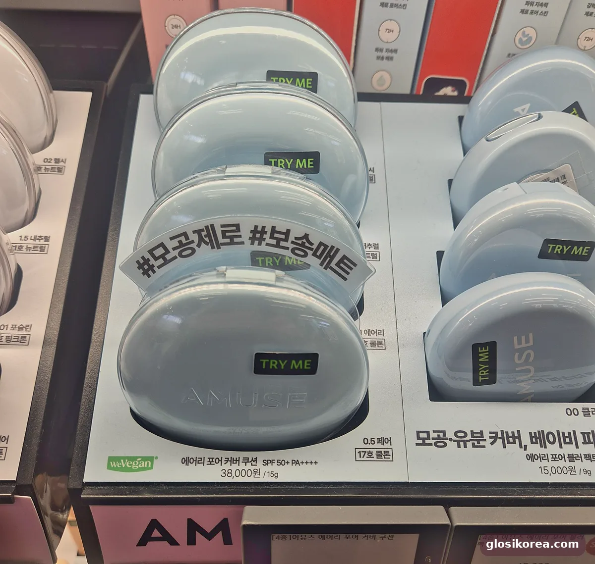 AMUSE Airy Pore Cover Cushion display with zero pores, soft matte sign at Olive Young