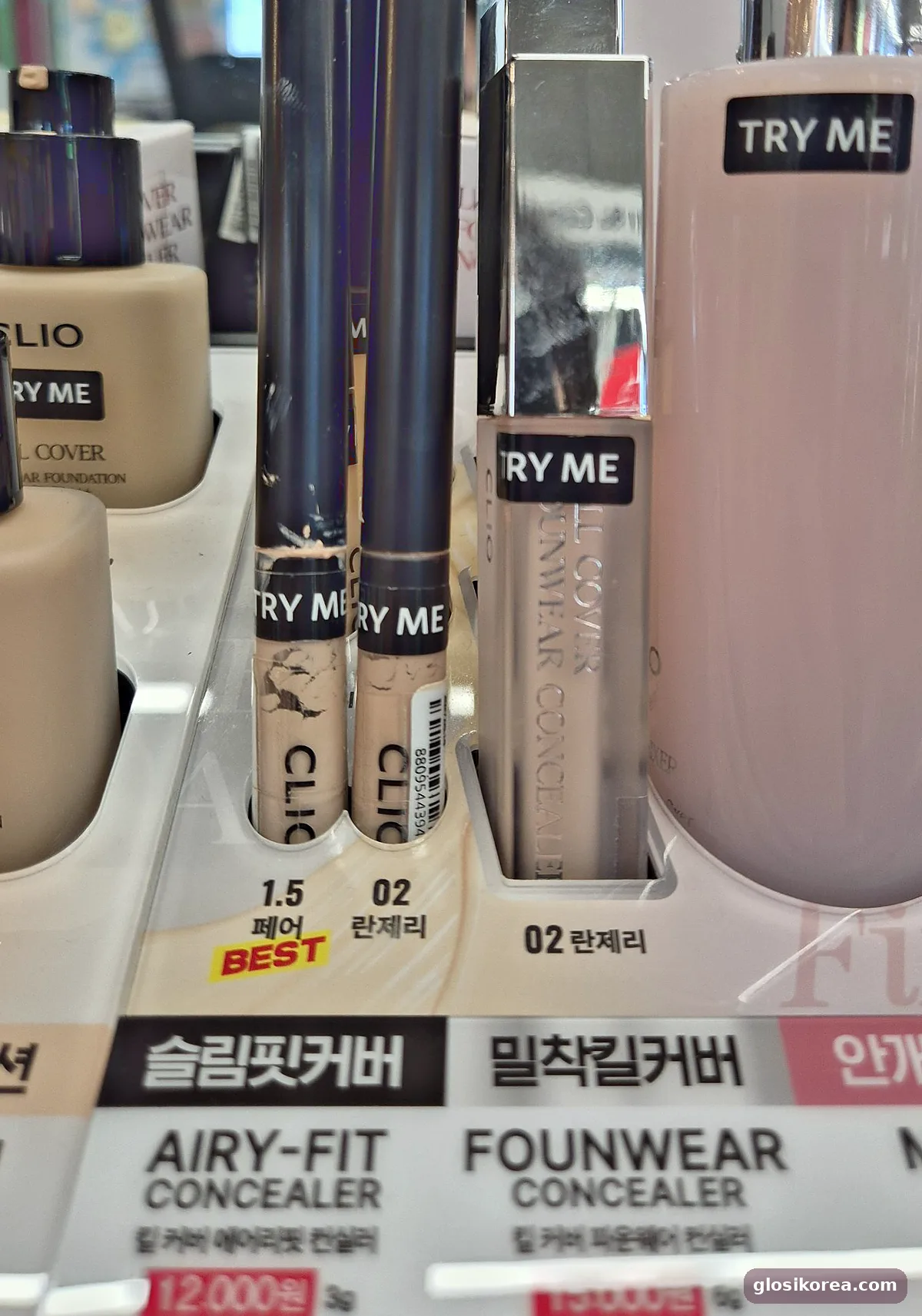 CLIO Kill Cover Airy-Fit and Founwear concealer display at Olive Young