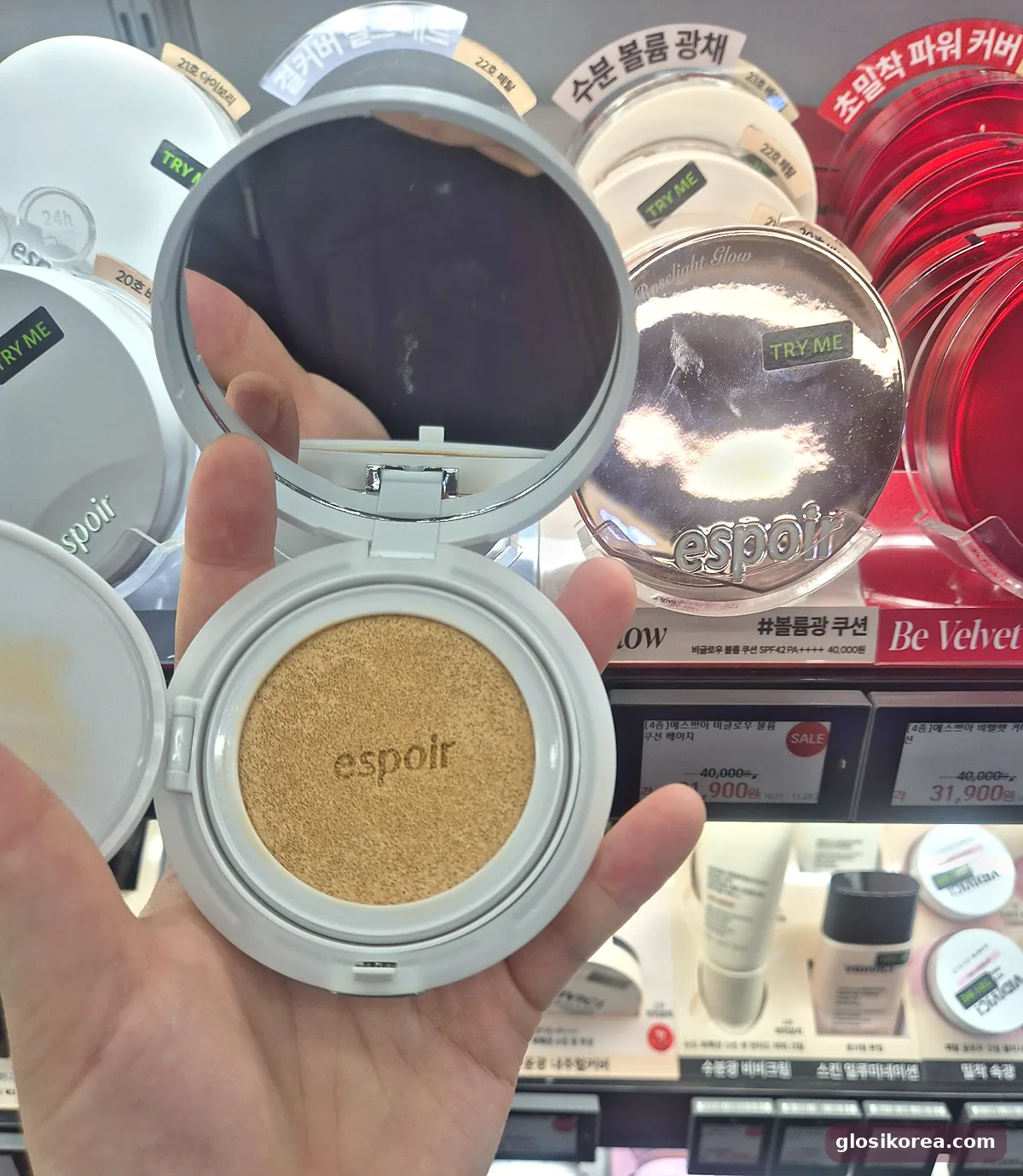 espoir Silk Skin Layer Cushion tester opened in hand at Olive Young