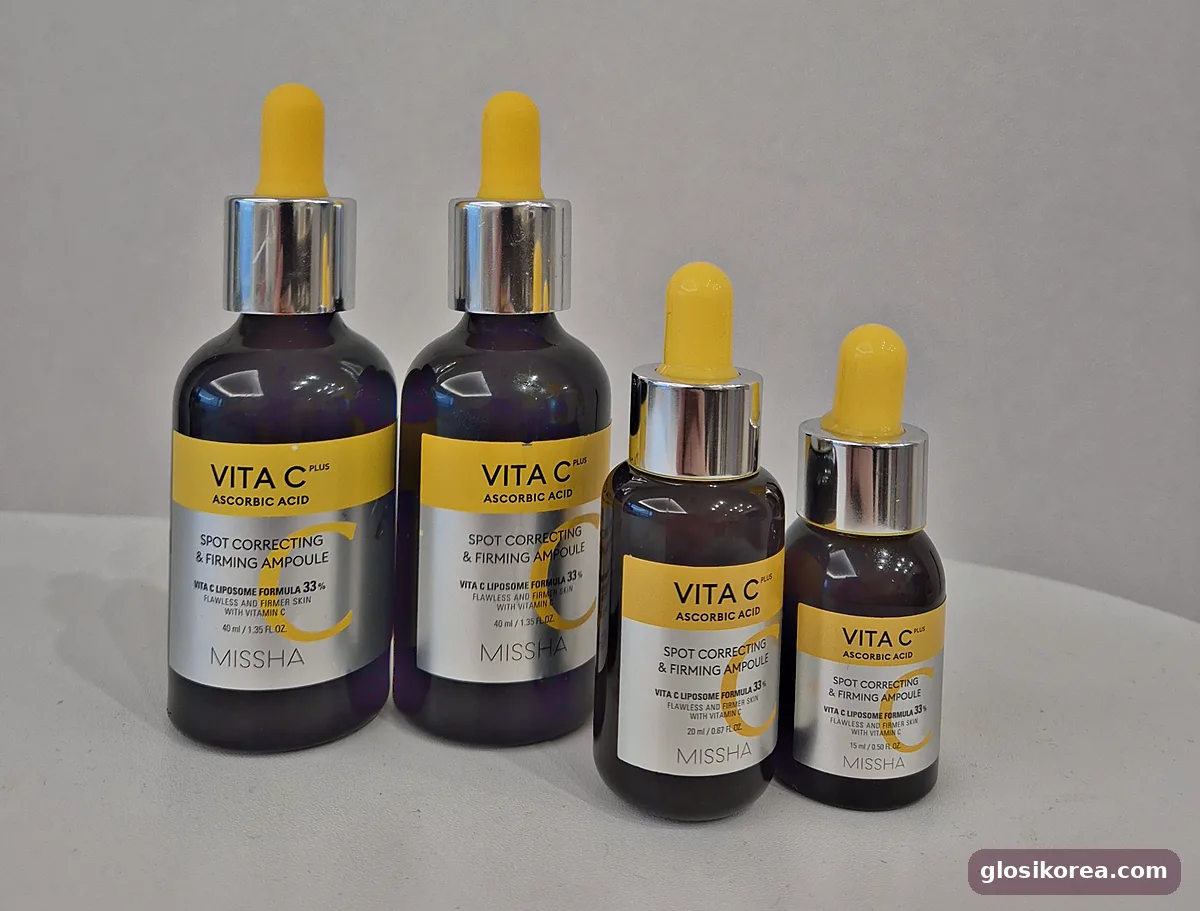 Four bottles of MISSHA Vita C Plus Spot Correcting & Firming Ampoule in different sizes at home
