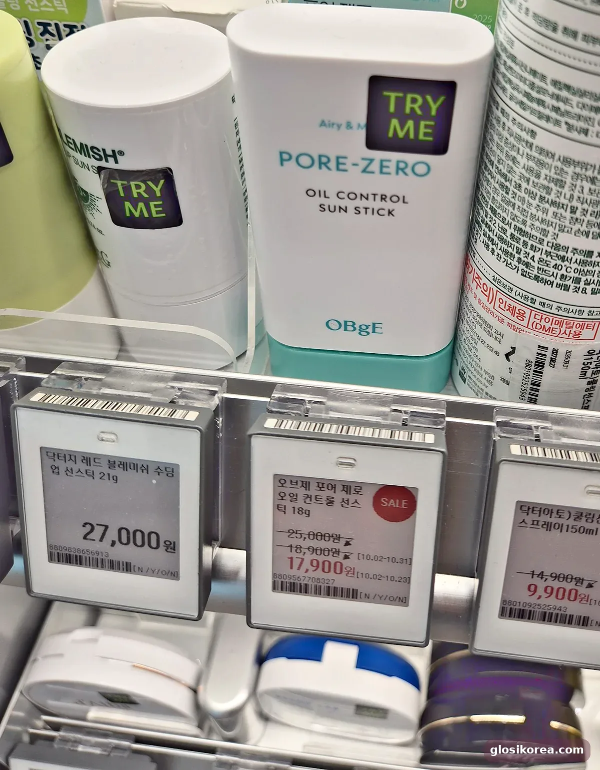 OBgE Pore-Zero Oil Control Sun Stick tester on the Olive Young shelf