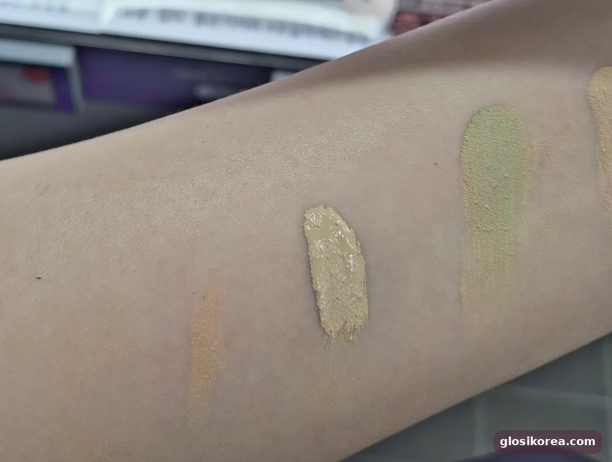 The Saem tip concealer and concealer pencil swatches on the arm