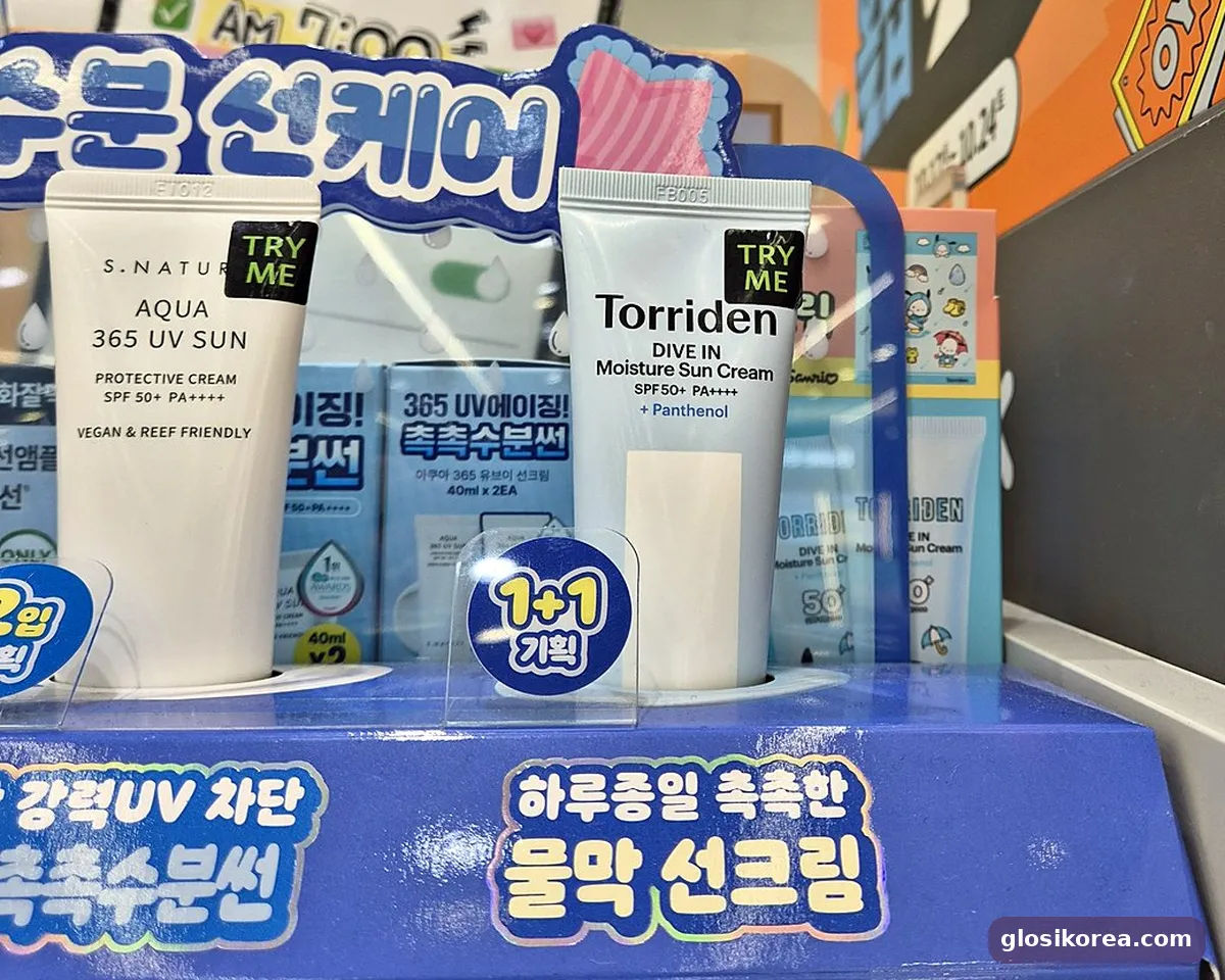 Torriden Dive-In Moisture Sun Cream display with the water-film sunscreen sign at Olive Young